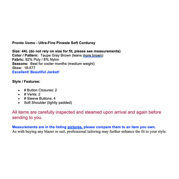 Pronto Uomo Mens 44L Taupe Brown Ultra-Fine Pinwale Corduroy Sport Coat - Picture 2 of 14